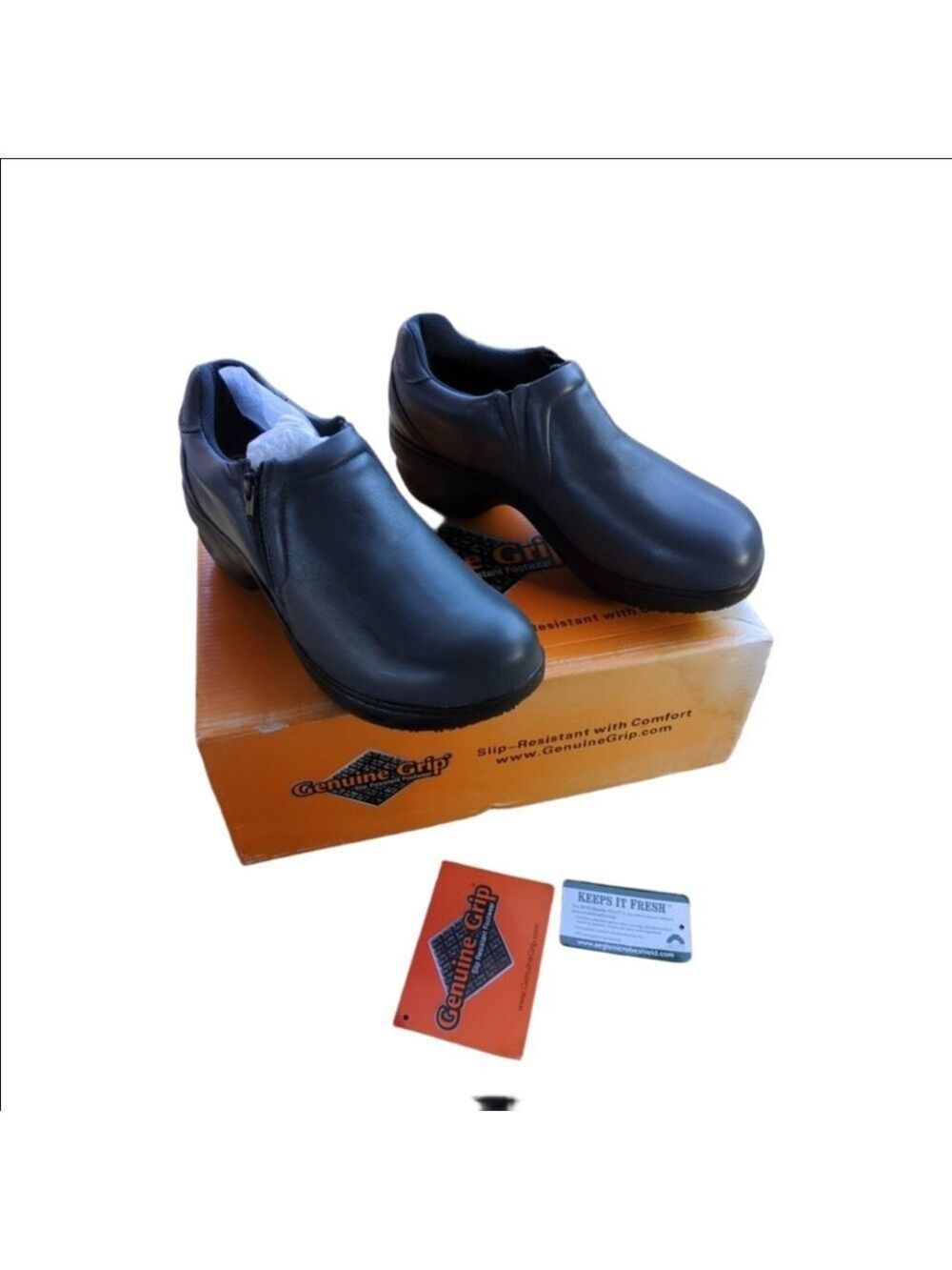 Genuine Grip Womens Slip Resistant Comfort Shoes Black Side Zip Low Heel